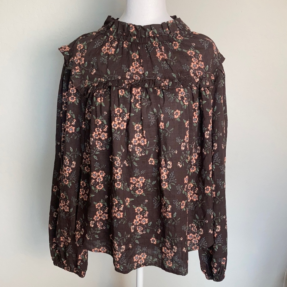 a.n.a. Prairie Floral Long Sleeve Ruffled Blouse in Chocolate Brown and …